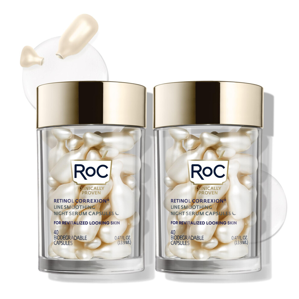 RoC Retinol Correxion Anti-Aging Wrinkle Night Serum  Daily Line Smoothing Skin Care Treatment for Fine Lines  Post-Acne Scars  80 Capsules (Limited E