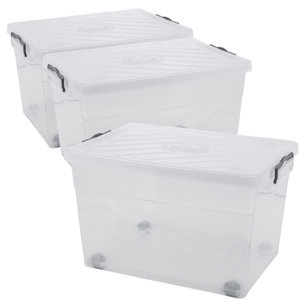 (3x55L) Clear Plastic Storage Box Lid Home Office Garage