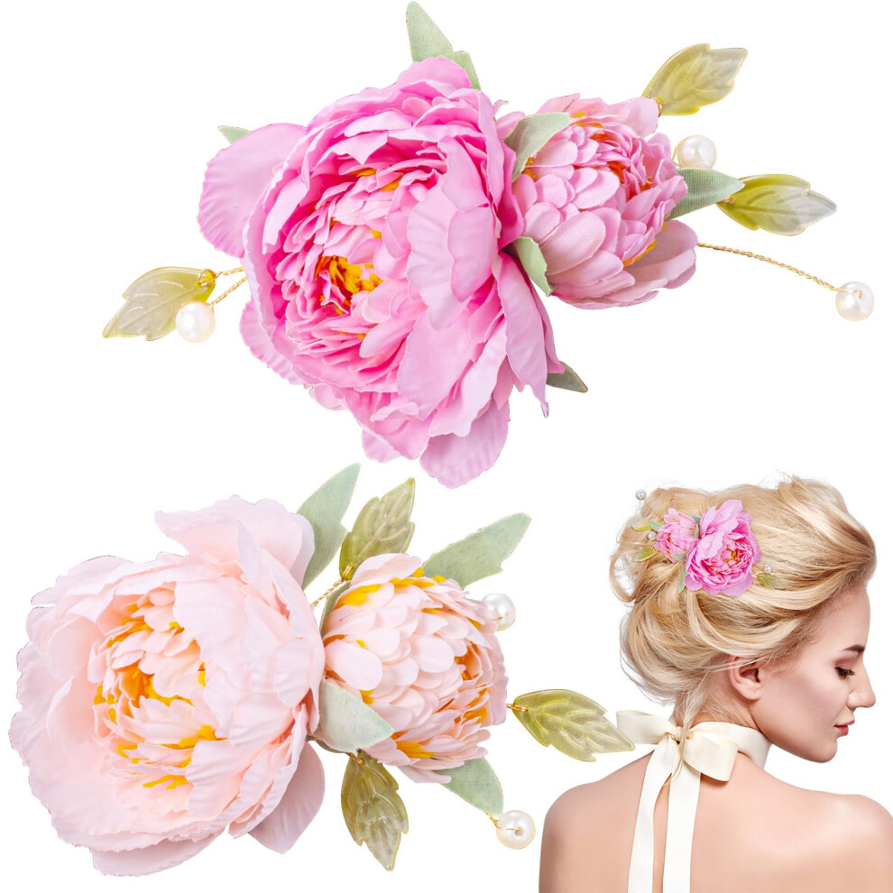Hinzic - 2 Pinzas Para El Pelo Con Flores De Seda Para Mujer, 2 En 1, Broche De Flores, Pasadores Florales De Perlas Para El Pelo, Para Mujeres,-image