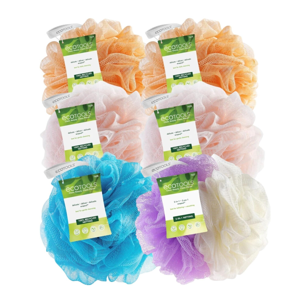 EcoTools EcoPouf Bath Sponge  Assorted Delicate and Exfoliating Loofah for Shower and Bath  Assorted Colors  6 Count