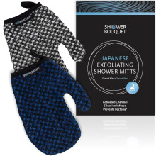 Japanese Exfoliating Mitt 2-Pack - Charcoal & Silver Ion Exfoliating Gloves for Shower - Soft Inner Fabric Gentle Exfoliation & Deep Cleansing Body Sc