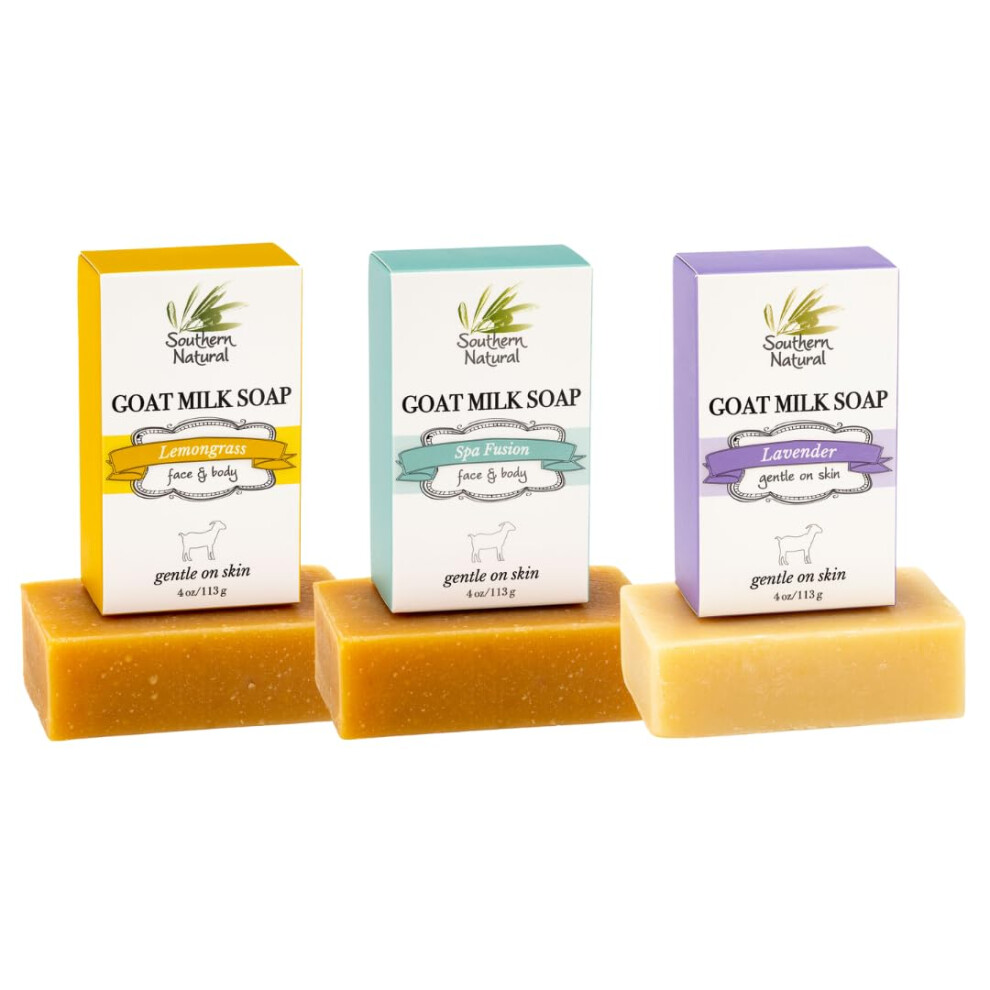 Southern Natural Goat Milk Soap Bar (Variety 3 Pack) Lavender  Lemongrass  Spa Fusion - For Dry Sensitive Skin. Natural Handmade Soap For Face and Bod