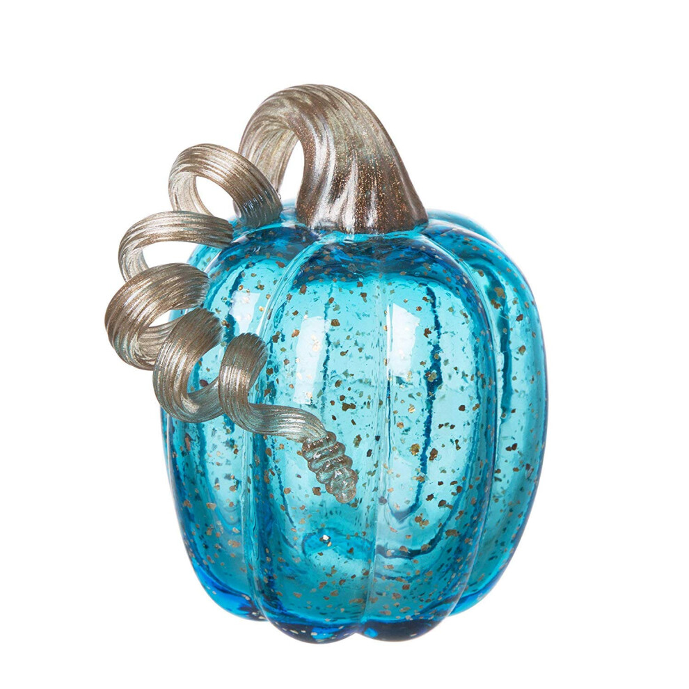 Glitzhome 6.1"""" Handblown Glass Pumpkin Table Accent For Fall & Harvest Thanksgiving Halloween Decoration Blue