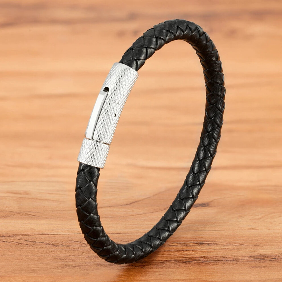 Photos - Bracelet  Combination Stainless Steel Mens Leather (19cm, Black with Steel)