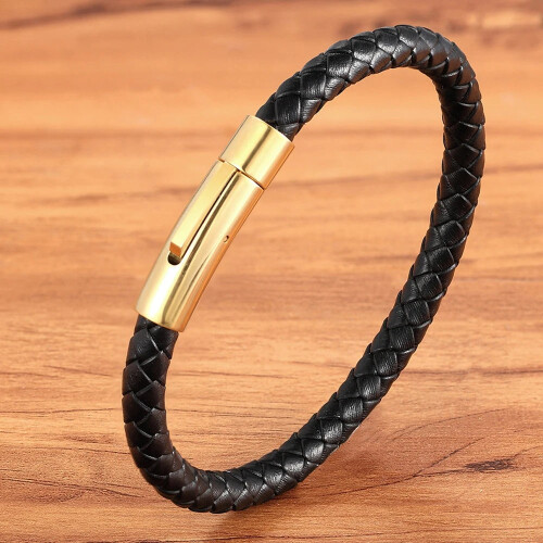 (21cm, Gold) Stainless Steel Button Simple Design Mens Leather Bracelet