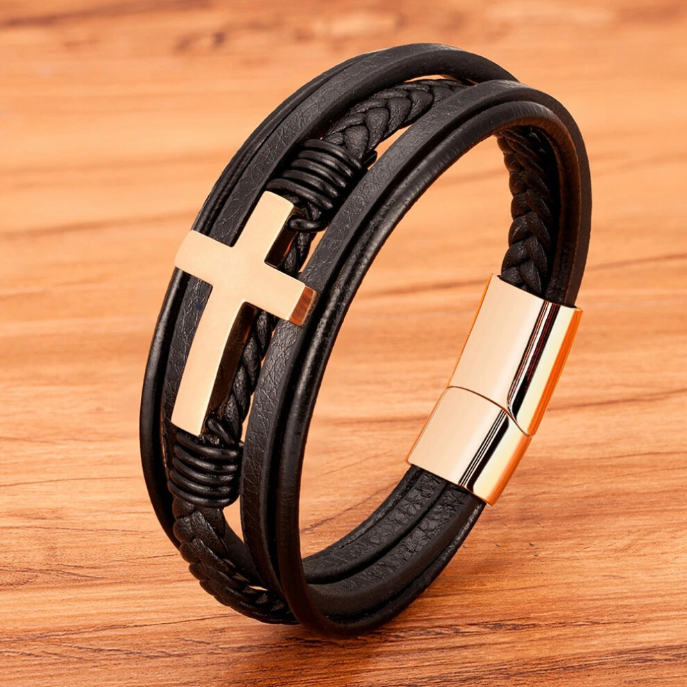 Photos - Bracelet Multicolor Cross Design Classic Stainless Steel Mens Leather (23cm, Rose Gold)