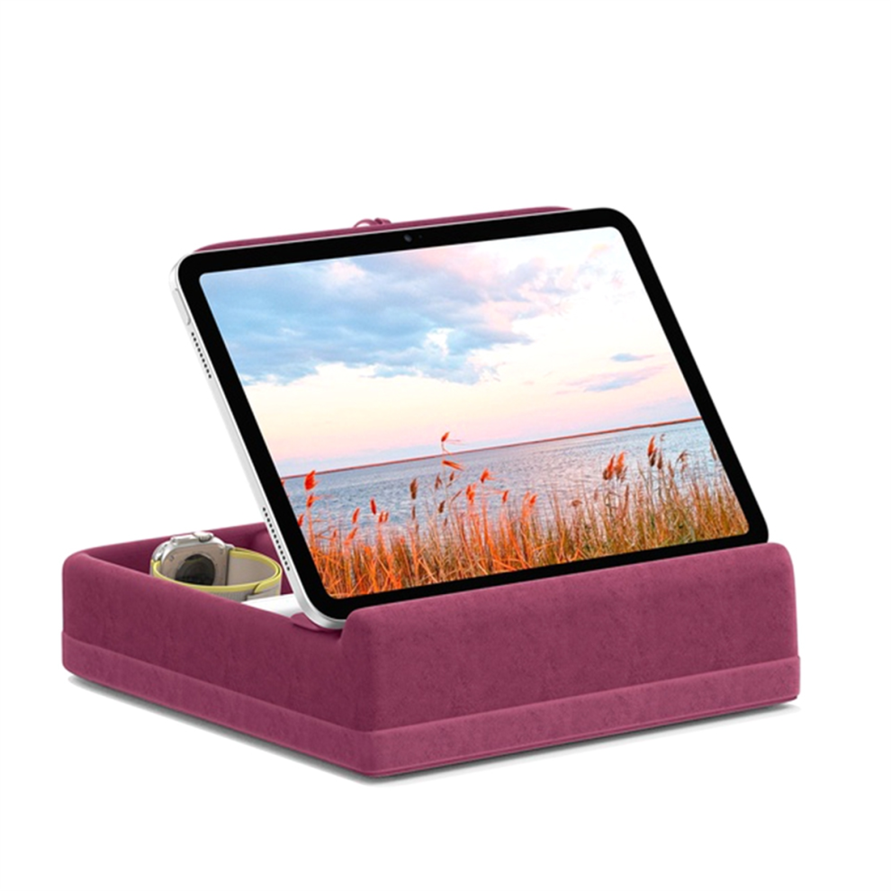 Tablet Pillow Stand with Storage Foldable Holder Angle Adjustable Soft Pad Dock for Bed and Laptop Desk Rose Red