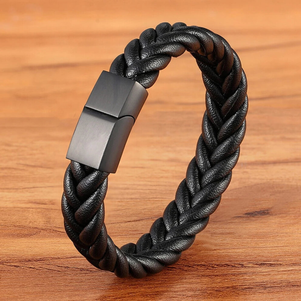 Photos - Bracelet  Classic Style Stainless Steel Leather Mens (23cm, Black with Black)