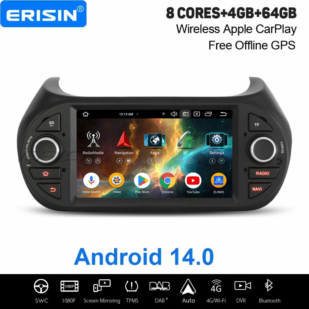 Erisin 4Gb+64Gb 8 Core Android 14 Carplay Car Stereo Gps For Fiat Fiorino Qubo Citroen Nemo Peugeot Bipper Dab+ Wifi Bluetooth 737655248081