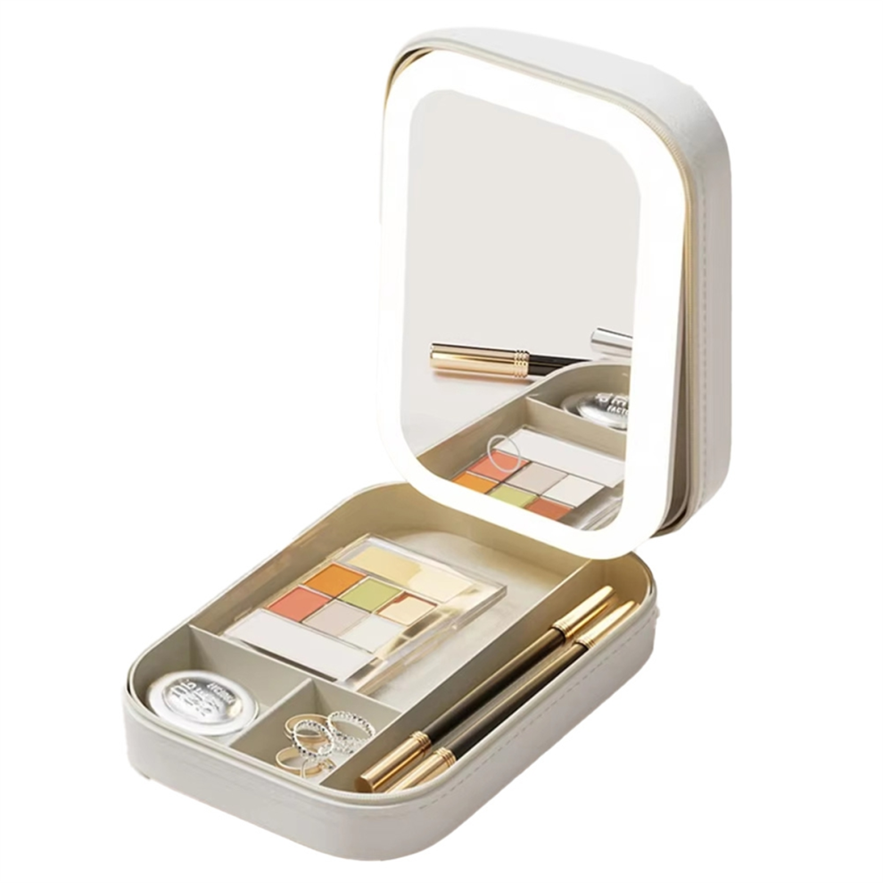 Boîte de rangement de maquillage avec miroir LED - Trousse de voyage portable de grande capacité, idéale pour les accessoires B