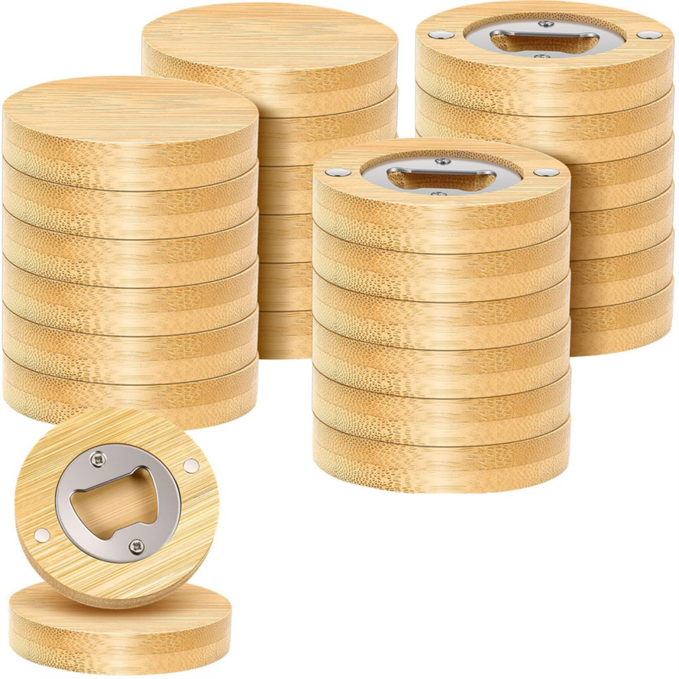 Jojomino 24 Counts Magnetic Bottle Opener 2.5In Diy Bamboo Round Shape Beer Openers Wooden Fridge Magnet Refrigerator Sticker