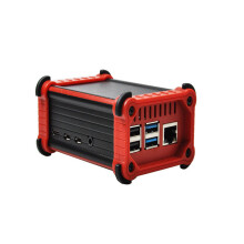 (Red) Aluminum Alloy Case Active Passive Cooling Fan Thermal Pad Heat Dissipation Shell for Raspberry Pi 4 Model B