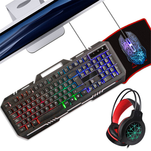 Gaming Headphone with Keyboard Mouse Pad Wired LED RGB Backlight Bundle Set 2