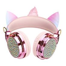 (Rose Gold) Cute Unicorn Bluetooth 5.0 Over-Ear Headphones Wireless Kids Cartoon Stereo Headset Earphone Built-in Microphone