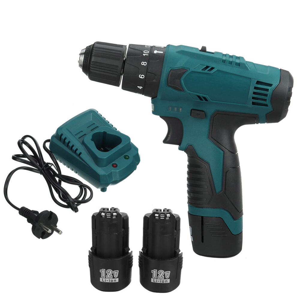 (Two Batteries, US Plug) 12V 1500mAh 3 IN 1 2 Speed Cordless Drill Driver Electric Screwdriver Hammer Flat Drill 18+3 Torque 10mm W/ None/1/2 Battery For Bosch BS1215