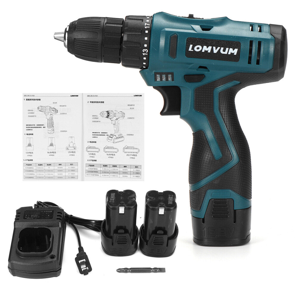 (Two Batteries) 16.8V 3/8" Impact Drill 1350rpm 2 Speeds LED Cordless Drill Driver Kit w/ Li-Ion Battery & Charger