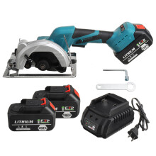 (Blue, Two Batteries) Electric Circular Saw Heavy Duty Wood Steel Cutting Tool Handheld Alloy