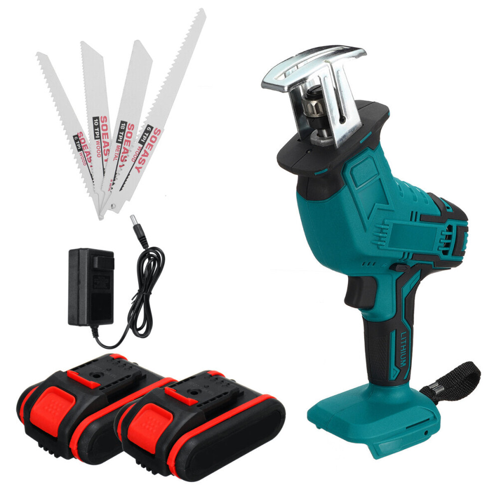 (Light Blue, UK Plug) 398VF Reciprocating Saw Variable Speed Cordless Electric Saw 4 Blades Wood Metal Plastic Sawing Cutting Tool
