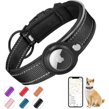 AirTag Padded Dog Collar with Integrated AirTag Pocket, Reflective & Waterproof, Black, Size L