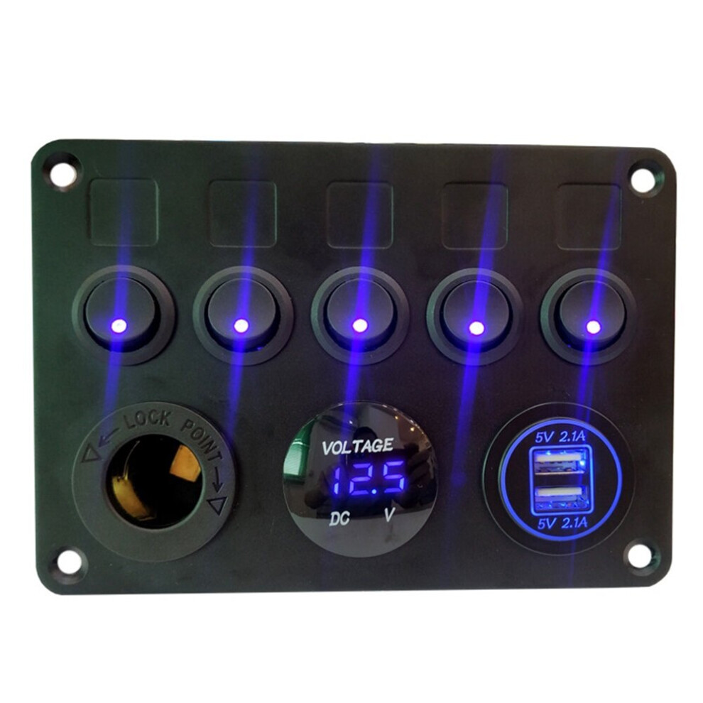 (Blue) 12-24V Universal 5 Gang ON/Off Toggle Rocker Switch Panel With Dual USB Charger LED Digital Voltmeter Waterproof For Car Truck Boat Marine