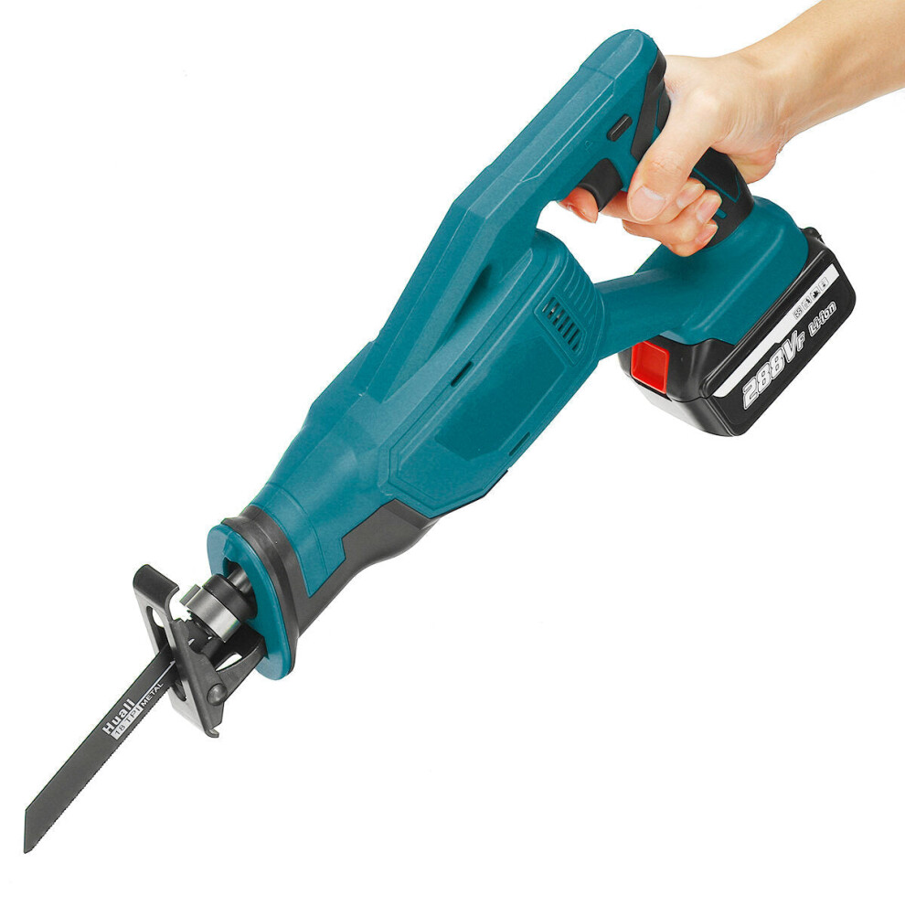 (Blue, US Plug) Cordless Reciprocating Saw Rechargeable Electric Recip Sabre Saw W/ 4pcs Blade & 2pcs Battery Wood Metal Plastic Sawing Tool