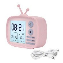 (Pink) DC 5V Digital Alarm Clock Temperature Display Cartoon Bedside Student Backlight
