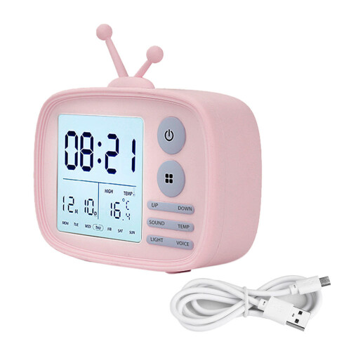 (Pink) DC 5V Digital Alarm Clock Temperature Display Cartoon Bedside Student Backlight