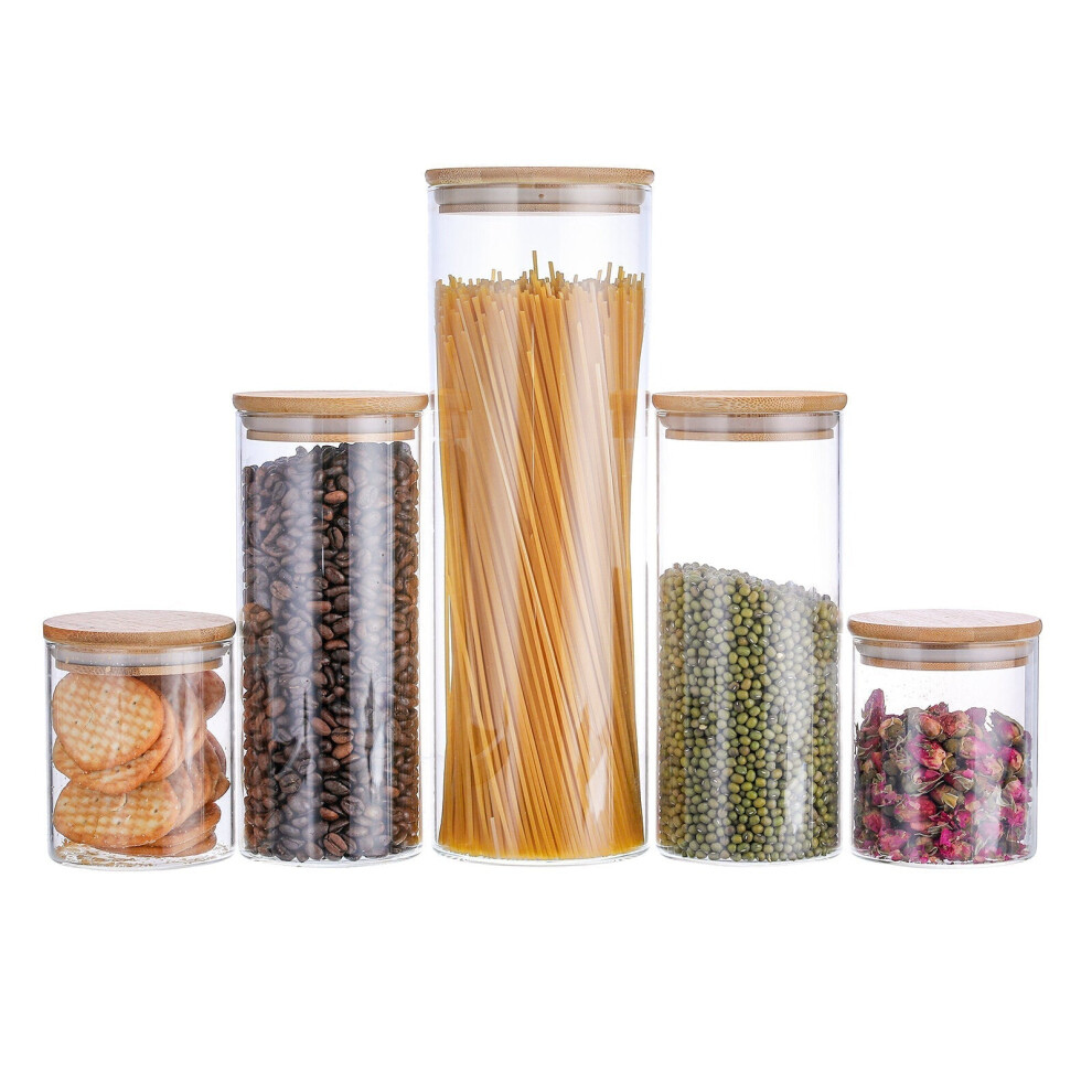 Glass Storage Jar 5 Set Food Storage Containers Airtight Food Jars with Bamboo Wooden Lids