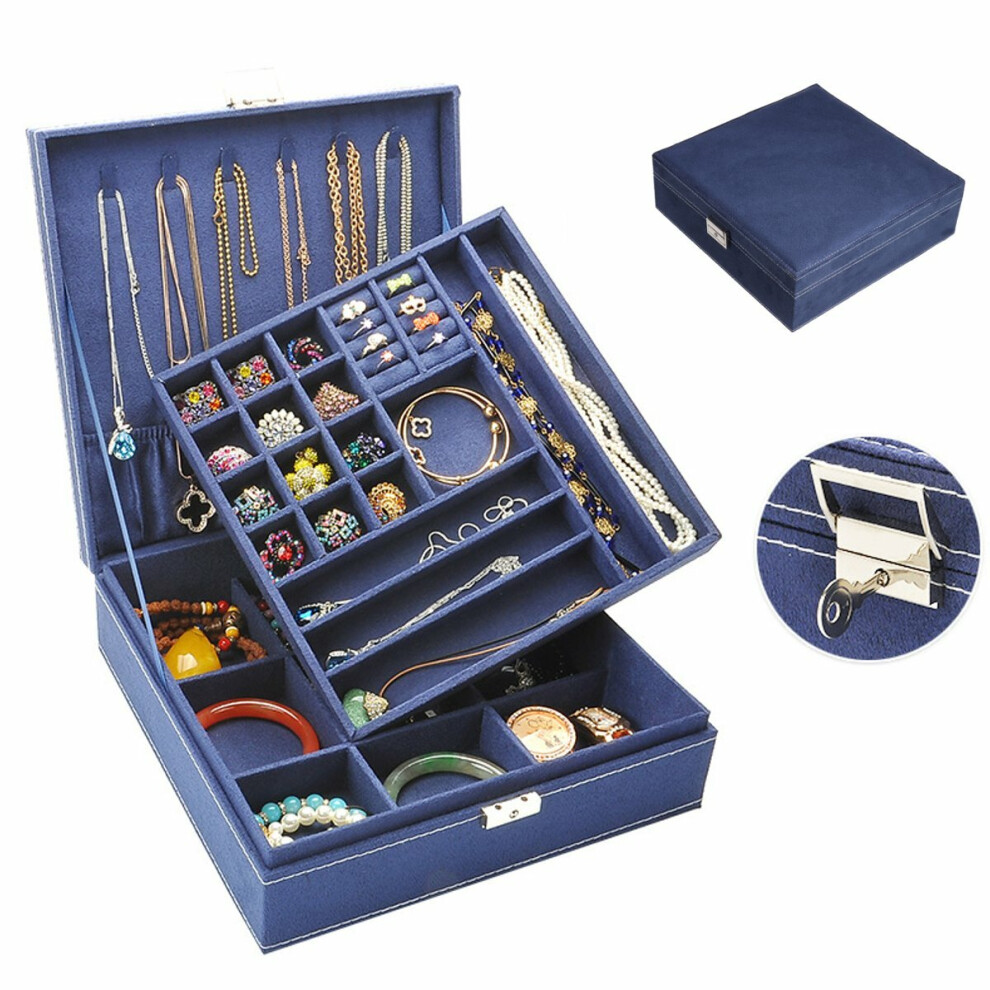 (Navy) Multi-function Vintage Jewelry Box Organizers Two-layer Lockable Jewelry Display Storage Case