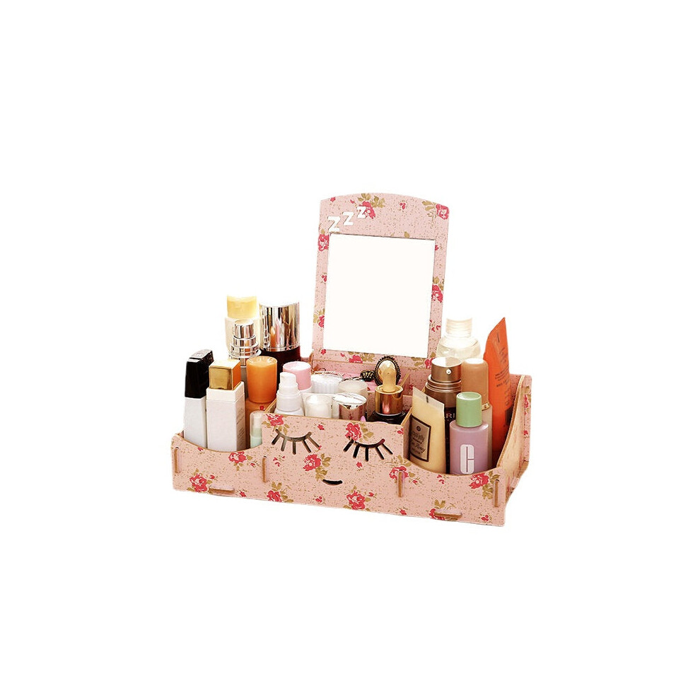 (Watermelon Red) Creative Diy Wooden Cosmetic Storage Box Desktop Storage Container With Mirror Desktop Organizer