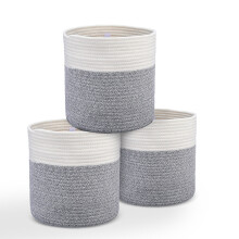 (Beige White) 3PCS Cotton Rope Woven Basket Bathroom Laundry Basket Dirty Clothe Container USA