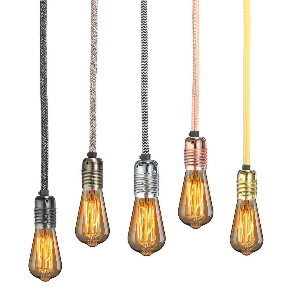 (Gold) 4M Wire Vintage Fabric Flex Cable E27 Bulb Adapter Lamp Holder Socket Pendant Light
