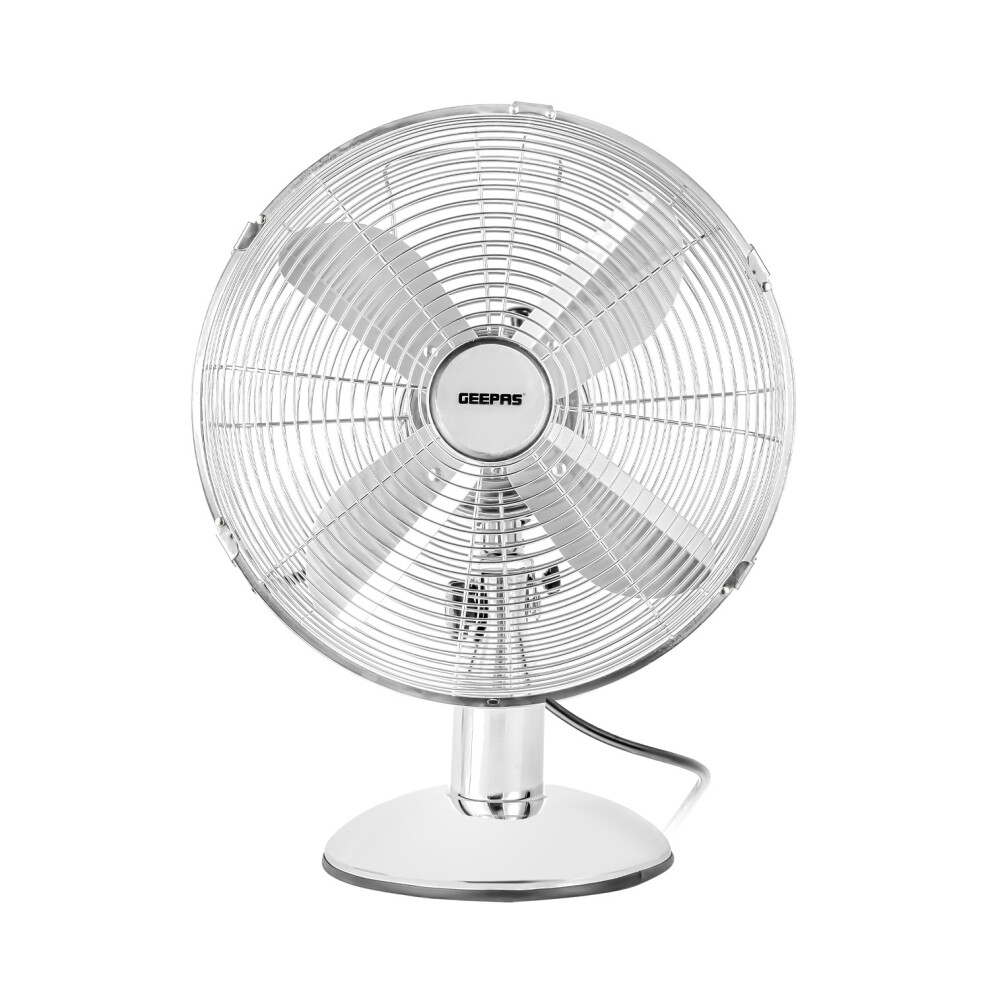 (Chrome) GEEPAS 12-Inch Metal Table Fan | Electric Portable Worktop Desk Fan With 3 Speed 4 PC Aluminium Blades 35W