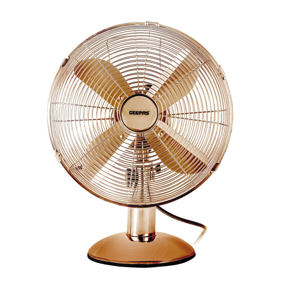 (Copper) GEEPAS 12-Inch Metal Table Fan | Electric Portable Worktop Desk Fan With 3 Speed 4 PC Aluminium Blades 35W