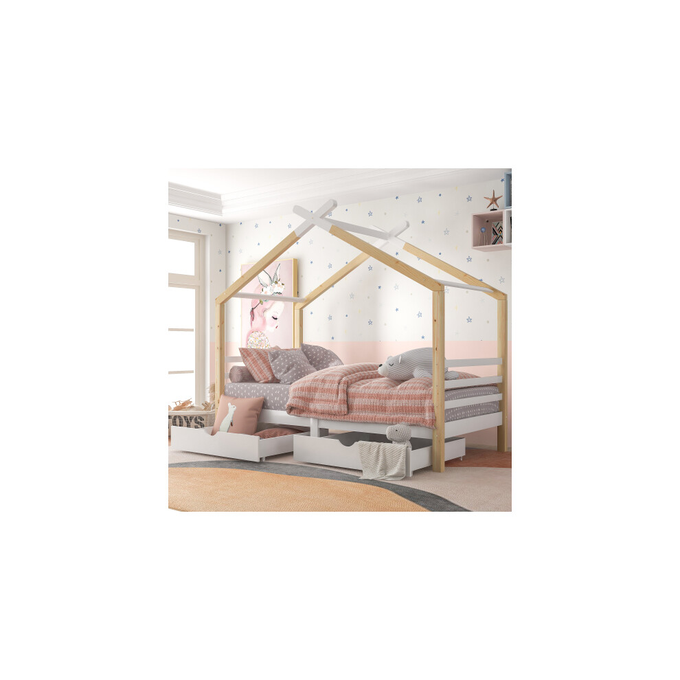 3FT Kids Single Bed Frames Toddler Beds Storage, Solid Pine Wood House Tree Canopy Bed