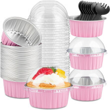 50Pcs Mini Cake Tins with Lids and Spoons for Party (Pink Silver)