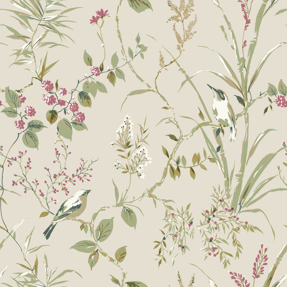 (Natural/ Pink) Mariko Bird Floral Wallpaper Crown 5010213023067