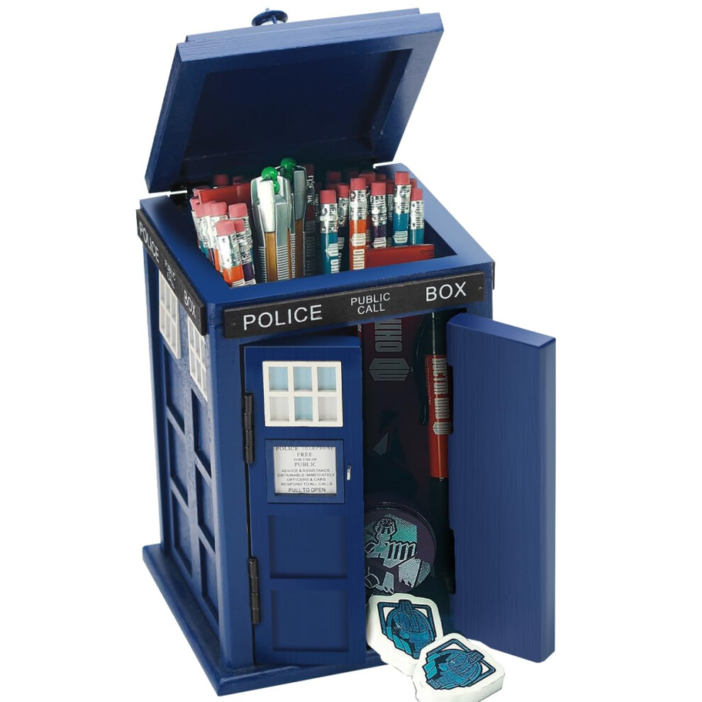 CEDAR ALPHA Wooden Tardis Cookie Jar  Desk Shed  Wood Desk Shed Pen Pencil Holder  Container