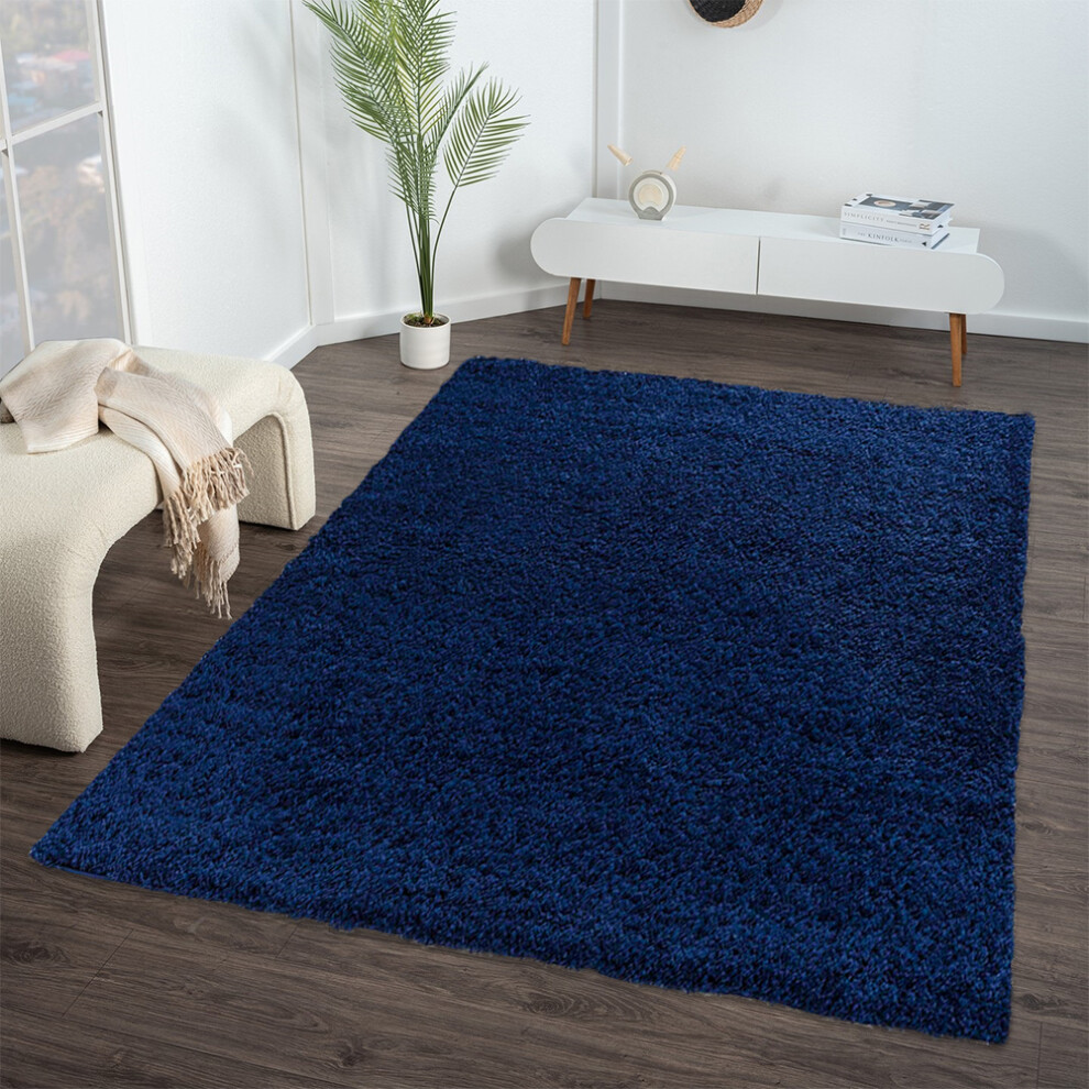 (160 x 230 cm) Navy Blue Shaggy Rug - Ultra Soft Thick Pile Carpet - Fluffy Bedroom, Living Room & Hallway Rug - 7 Sizes Available