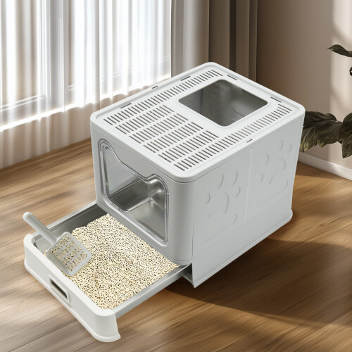 Bingopaw Stainless Steel Tray Cat Litter Box with Front Entry Top 1