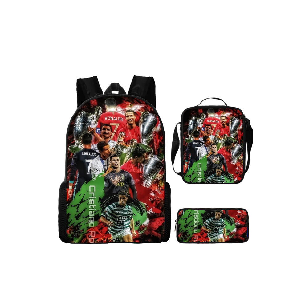 (15, Three-piece set) New football star C Ronaldo backpack printed three-piece set children's schoolbags primary and secondary school backpacks lunch