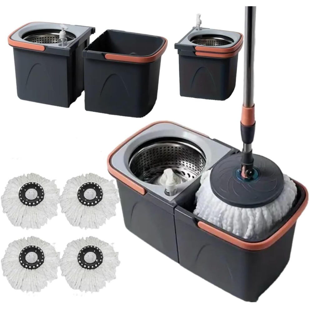 *NEW* SWISSPACK Revolving Spin Mop and Bucket With .4. Extra Pads Perfect For Easy Cleaning. Clean and Dirty Water Sepa