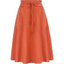(S,Orange)Women Casual Cotton Linen Skirts Frill Tie Waist A-Line Midi Skirt with Pockets