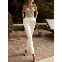 (L,White)Women's Casual Sexy Party Wedding Casual White Jumpsuit Print Solid Color