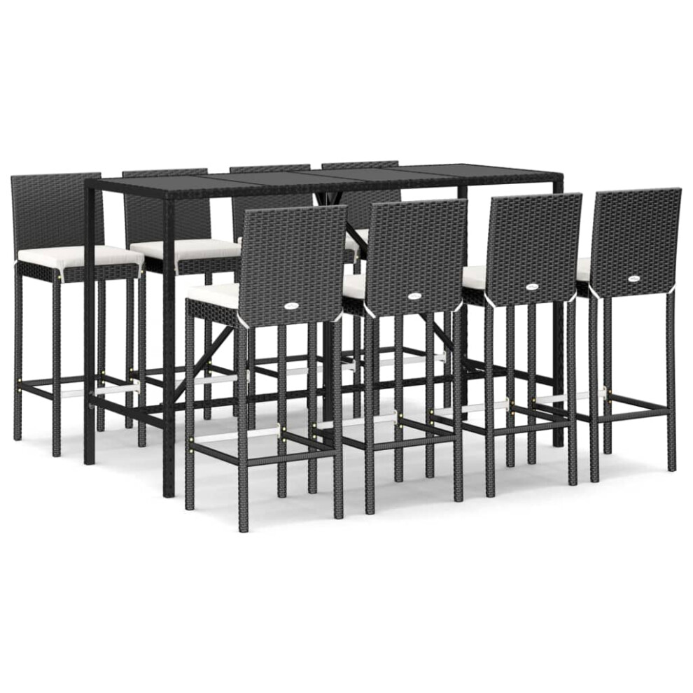 (8 piece) vidaXL Garden Bar Set Table and Chair 9 Piece with Cushions Black Poly Rattan