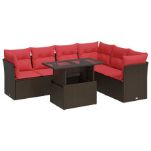 vidaXL 7-tlg. Garten-Sofagarnitur mit Kissen Braun Poly Rattan Akazie
