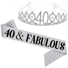 (Silver 40 Years Old)Women Glittering Rhinestone Letter Print Sash Tiara Set Birthday Party Supplies Jikaix