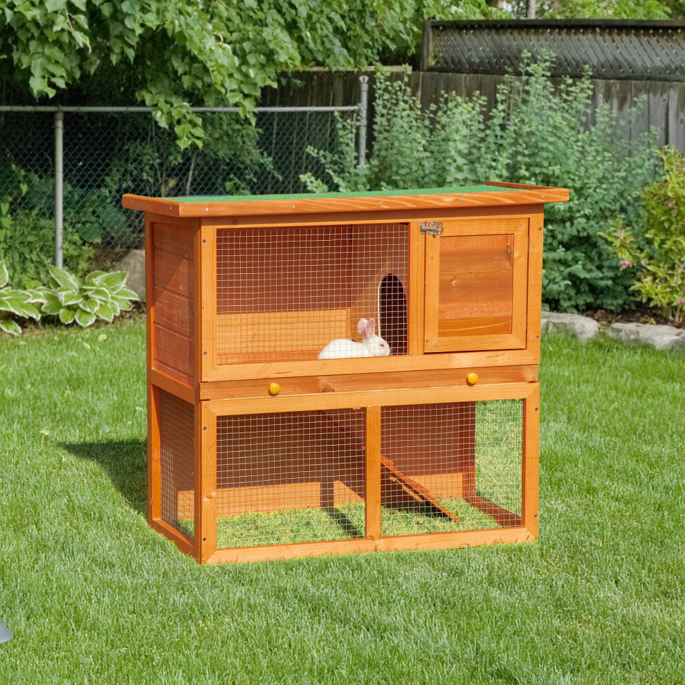 Pawhut Yellow 90Cm 2 Tiers Rabbit Hutch Wooden Pet Cage Run Vintage Bunny House In - Image 6