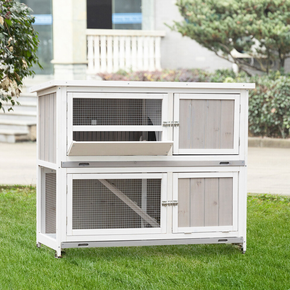 Pawhut Two-Tier Wooden Rabbit Hutch W/ Wheels, Trough, Rain Cover, Tray - Grey