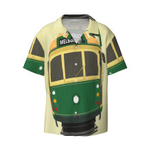 (Melbourne Tram_13851) Men's Hawaiian Shirts Cuban Collar Vintage Bowling Short Sleeve Button Down Beach Shirt Casual Summer Vacation Wear Retro Tee